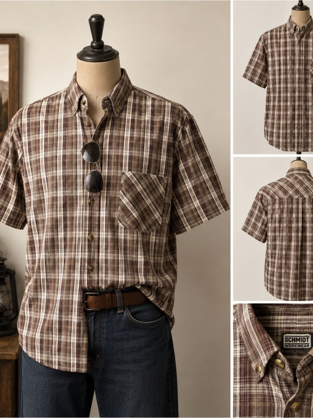 Schmidt Workwear Men’s Large Brown Plaid Button Front Short Sleeve Shirt